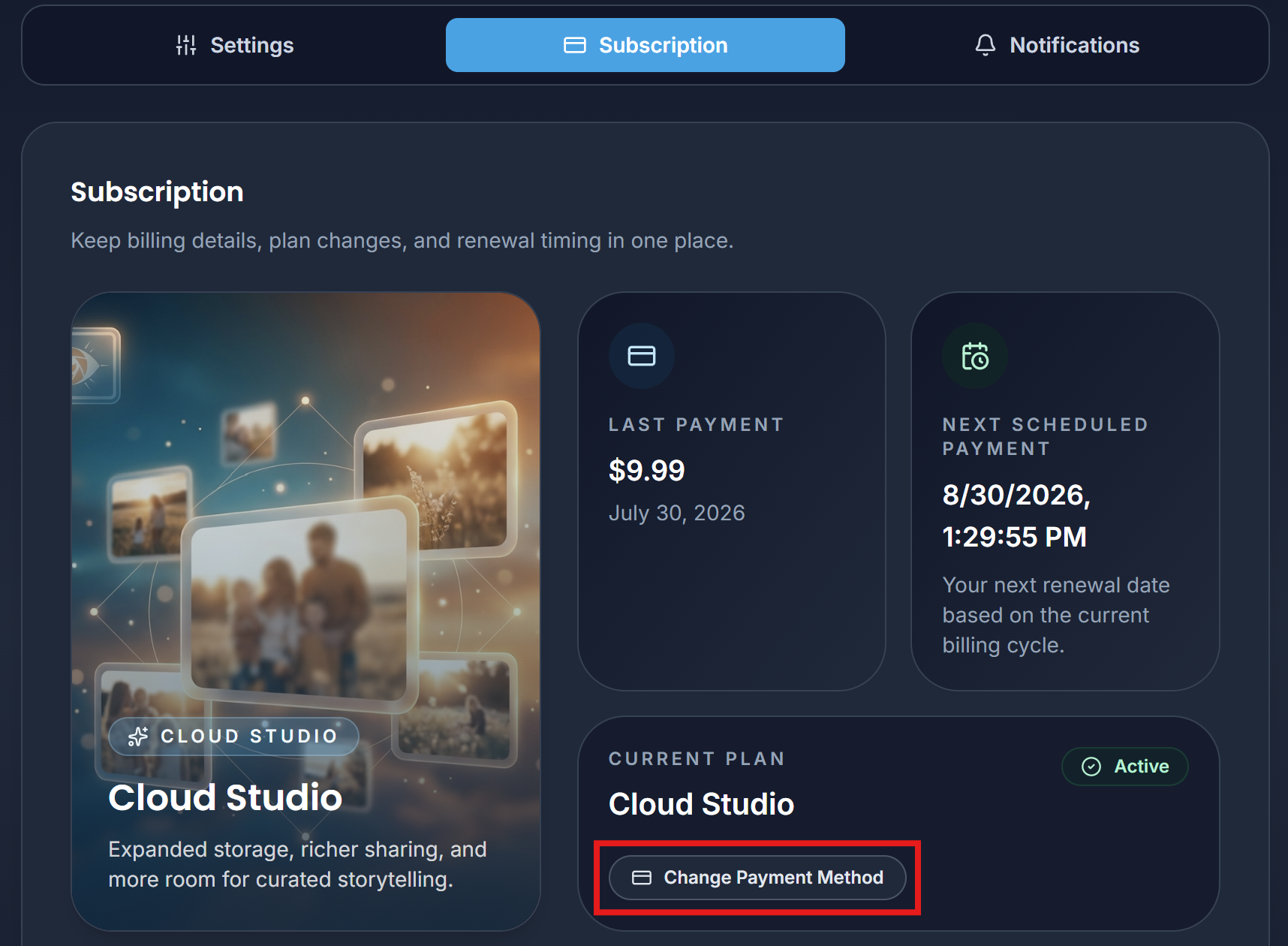 Subscription tab with Change Payment Method highlighted
