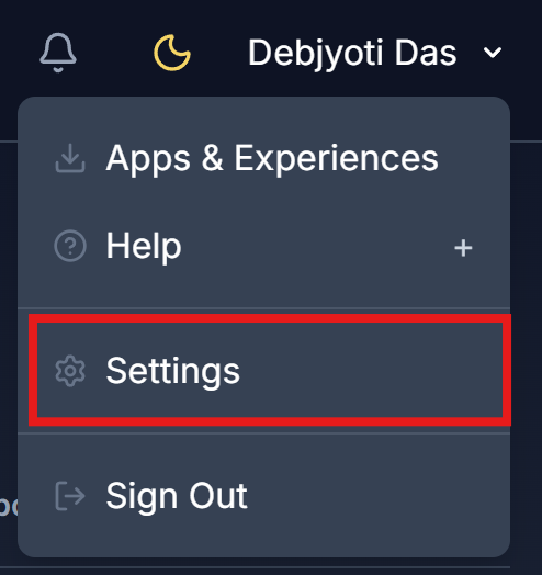 User menu with Settings highlighted