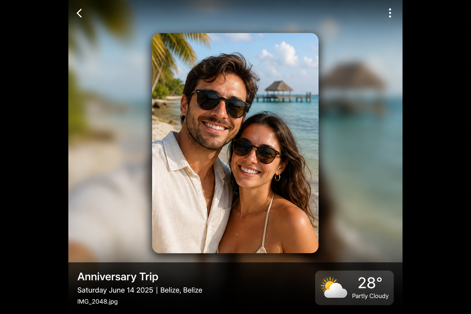 View slideshow with weather overlay on a portrait vacation photo