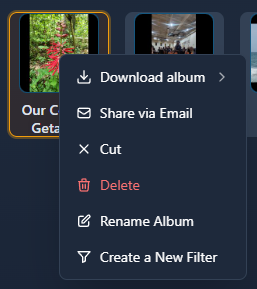 Album folder context menu with Download album, Cut, Paste, and Add New Album - screenshot pending