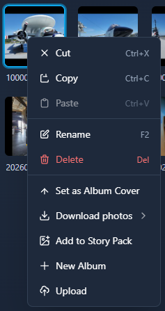 Photo context menu with Cut, Copy, Paste, and Set as Album Cover - screenshot pending