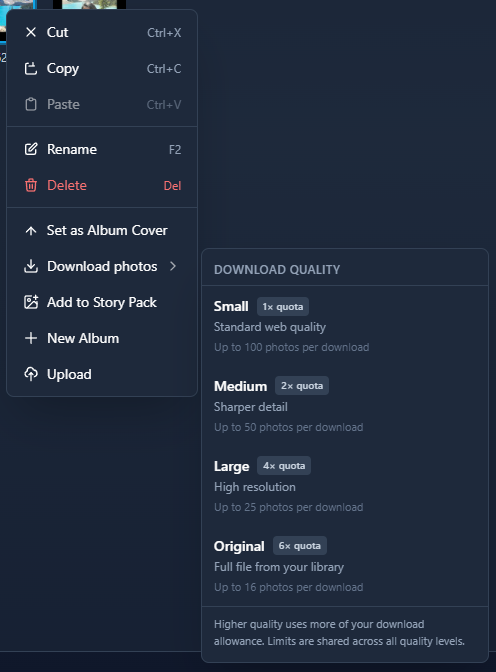 Download quality submenu with small, medium, and original - screenshot pending