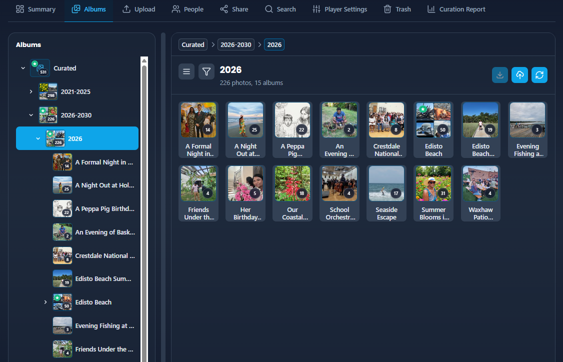 Albums tab on desktop with left navigation and photo grid
