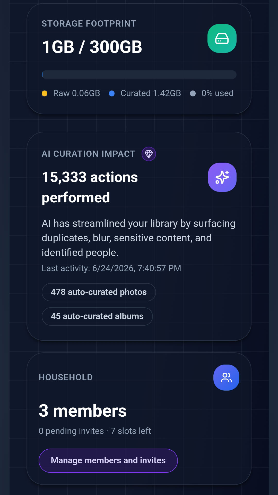 Summary household card showing member count and invite options