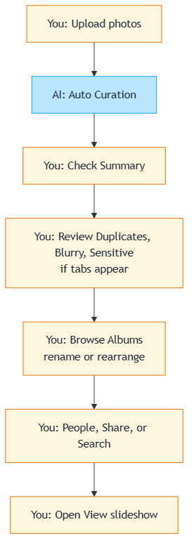 Typical library workflow from upload to slideshow: amber steps are yours, blue step is automatic Auto Curation