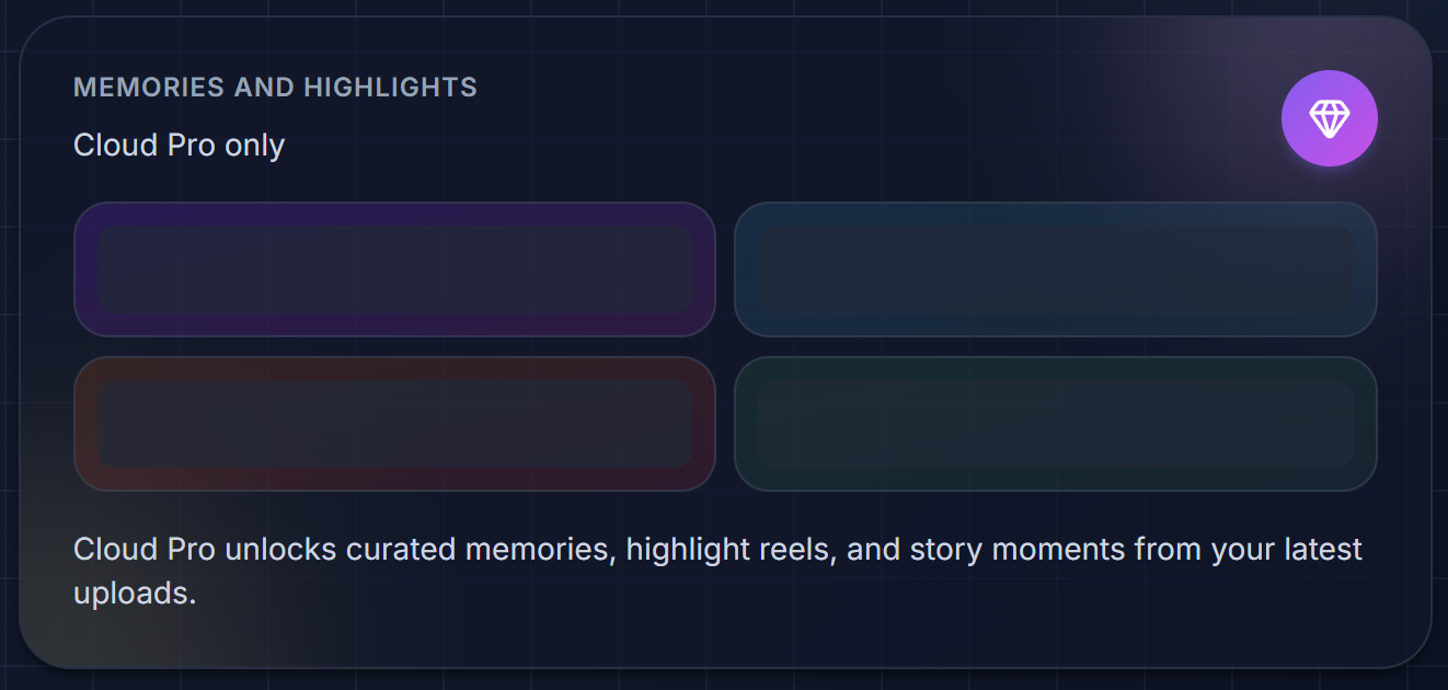 Memories and Highlights upgrade teaser for non-Pro plans - screenshot pending
