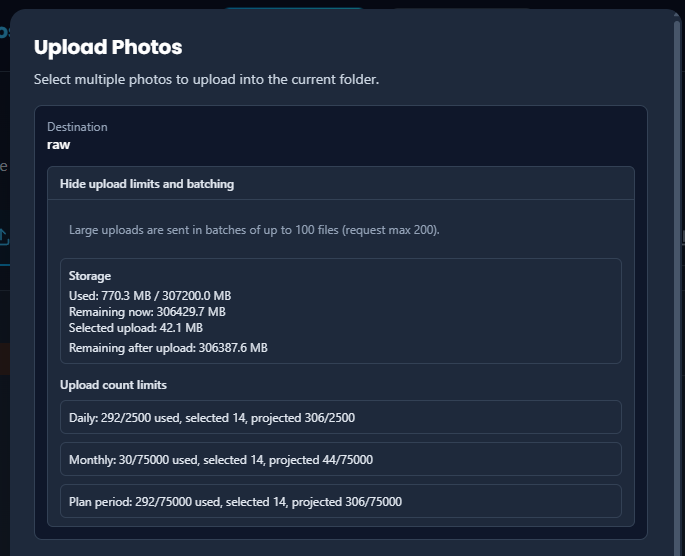 Upload limits panel showing storage and photo caps